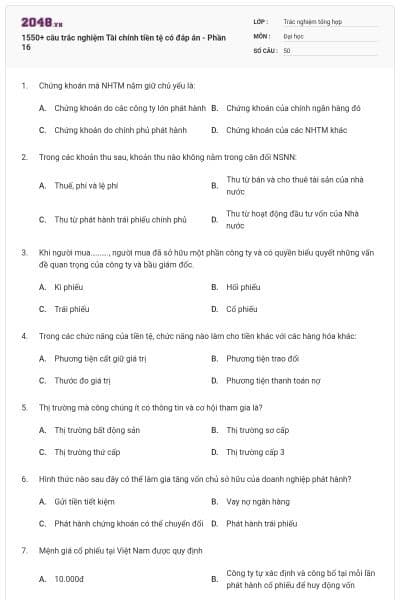 1550+ câu trắc nghiệm Tài chính tiền tệ có đáp án - Phần 16