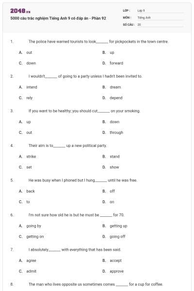 5000 câu trắc nghiệm Tiếng Anh 9 có đáp án - Phần 92