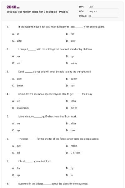 5000 câu trắc nghiệm Tiếng Anh 9 có đáp án - Phần 93