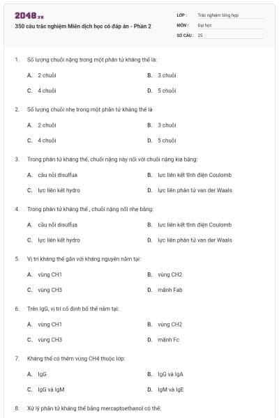 350 câu trắc nghiệm Miễn dịch học có đáp án - Phần 2