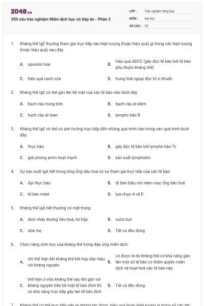 350 câu trắc nghiệm Miễn dịch học có đáp án - Phần 3