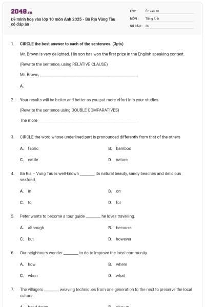 Đề minh hoạ vào lớp 10 môn Anh 2025 - Bà Rịa Vũng Tàu có đáp án