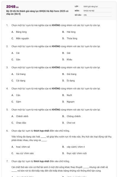 Bộ 20 đề thi Đánh giá năng lực ĐHQG Hà Nội form 2025 có đáp án (Đề 8)