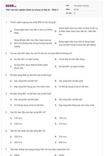 100+ câu trắc nghiệm Quân sự chung có đáp án - Phần 2