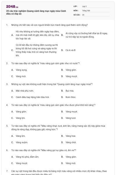 20 câu trắc nghiệm Quang cảnh làng mạc ngày mùa Cánh diều có đáp án