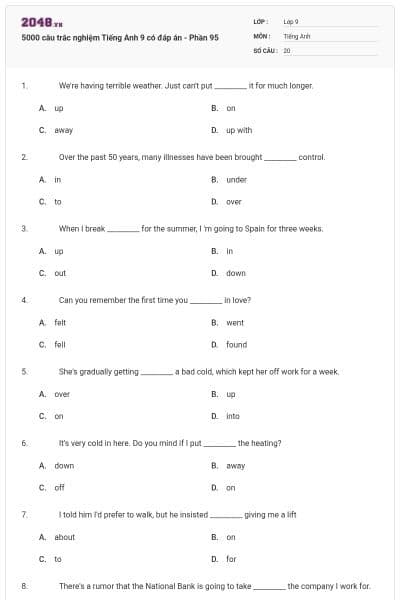 5000 câu trắc nghiệm Tiếng Anh 9 có đáp án - Phần 95