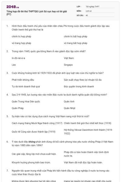 Tổng hợp đề thi thử THPTQG Lịch Sử cực hay có lời giải (P7)