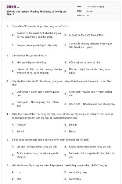 200 câu trắc nghiệm tổng hợp Marketing số có đáp án - Phần 2