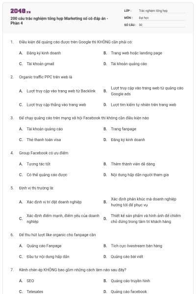 200 câu trắc nghiệm tổng hợp Marketing số có đáp án - Phần 4