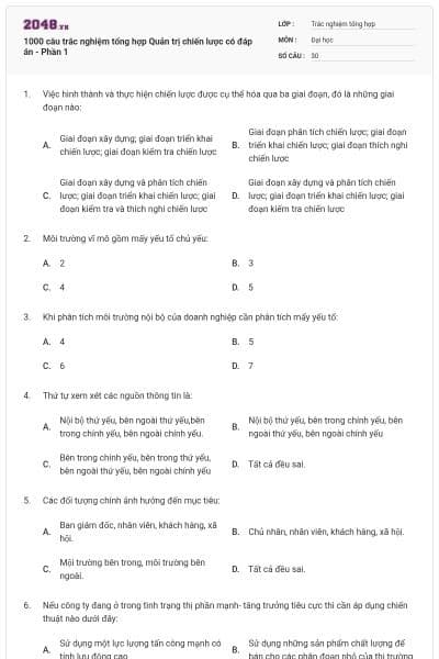 1000 câu trắc nghiệm tổng hợp Quản trị chiến lược có đáp án - Phần 1