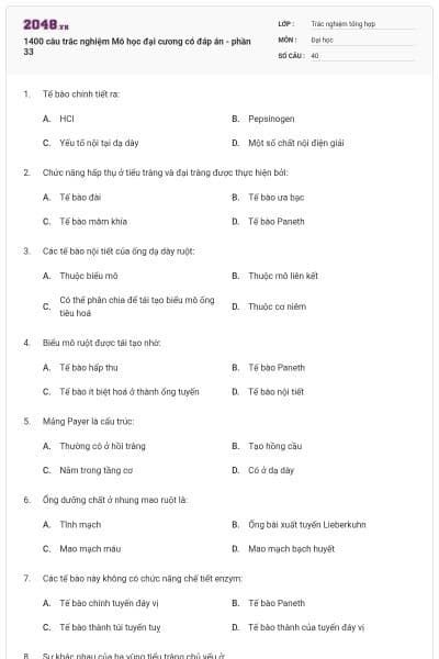 1400 câu trắc nghiệm Mô học đại cương có đáp án - phần 33