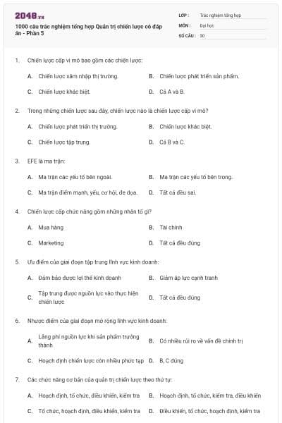 1000 câu trắc nghiệm tổng hợp Quản trị chiến lược có đáp án - Phần 5