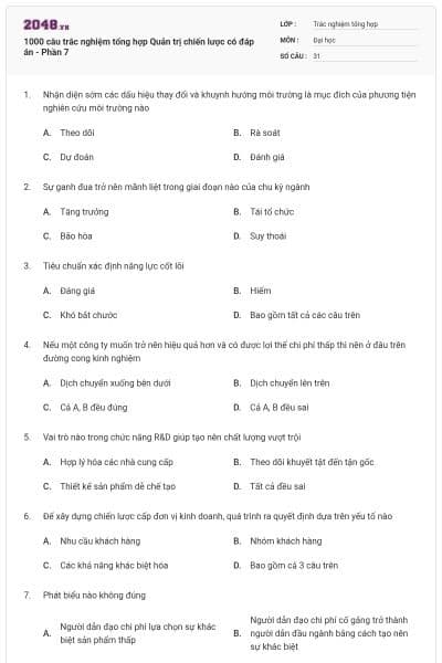 1000 câu trắc nghiệm tổng hợp Quản trị chiến lược có đáp án - Phần 7