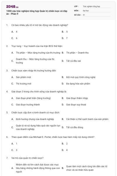 1000 câu trắc nghiệm tổng hợp Quản trị chiến lược có đáp án - Phần 9