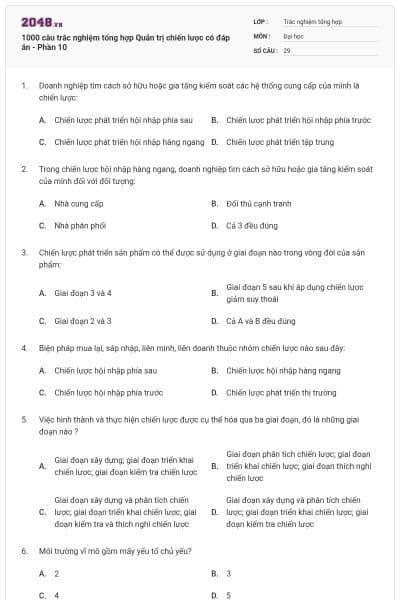 1000 câu trắc nghiệm tổng hợp Quản trị chiến lược có đáp án - Phần 10