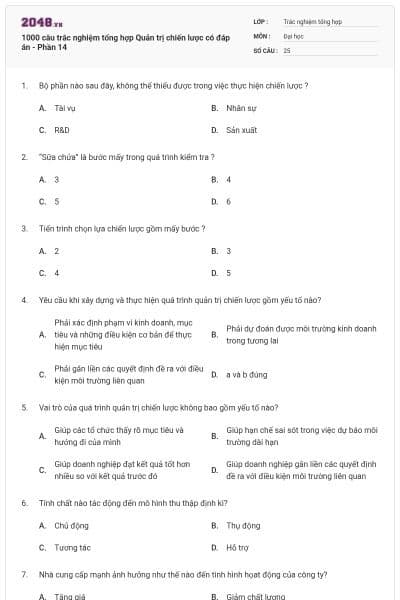 1000 câu trắc nghiệm tổng hợp Quản trị chiến lược có đáp án - Phần 14
