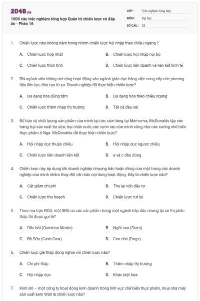 1000 câu trắc nghiệm tổng hợp Quản trị chiến lược có đáp án - Phần 16