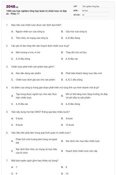 1000 câu trắc nghiệm tổng hợp Quản trị chiến lược có đáp án - Phần 17