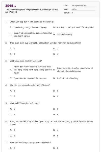 1000 câu trắc nghiệm tổng hợp Quản trị chiến lược có đáp án - Phần 18