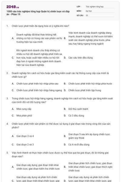 1000 câu trắc nghiệm tổng hợp Quản trị chiến lược có đáp án - Phần 19