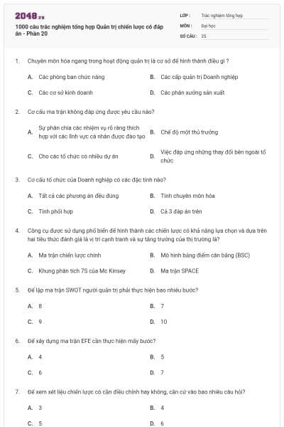 1000 câu trắc nghiệm tổng hợp Quản trị chiến lược có đáp án - Phần 20