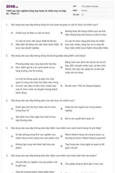 1000 câu trắc nghiệm tổng hợp Quản trị chiến lược có đáp án - Phần 21
