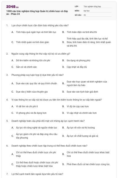 1000 câu trắc nghiệm tổng hợp Quản trị chiến lược có đáp án - Phần 24