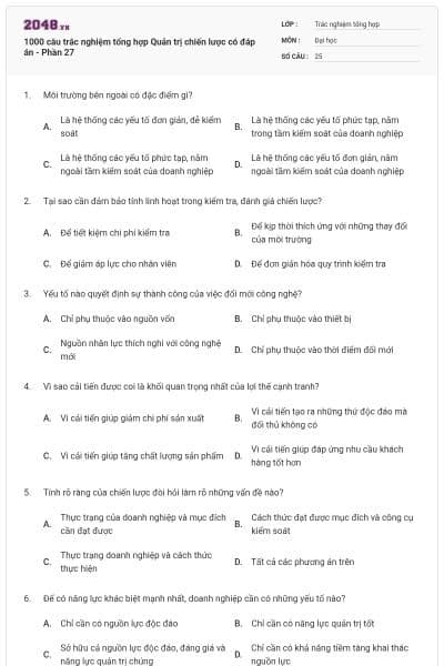 1000 câu trắc nghiệm tổng hợp Quản trị chiến lược có đáp án - Phần 27