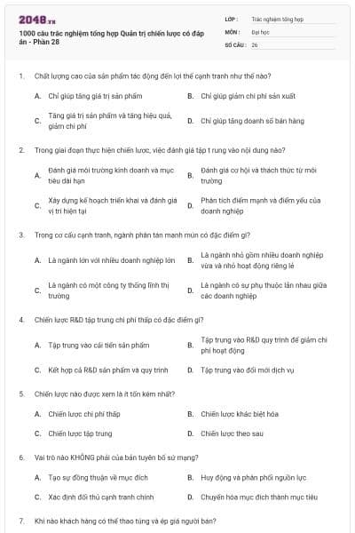 1000 câu trắc nghiệm tổng hợp Quản trị chiến lược có đáp án - Phần 28