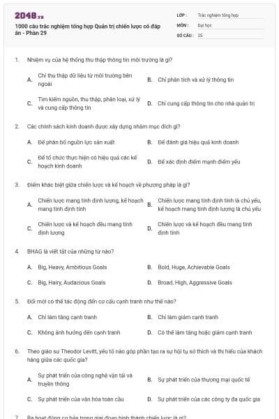 1000 câu trắc nghiệm tổng hợp Quản trị chiến lược có đáp án - Phần 29