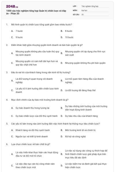 1000 câu trắc nghiệm tổng hợp Quản trị chiến lược có đáp án - Phần 30