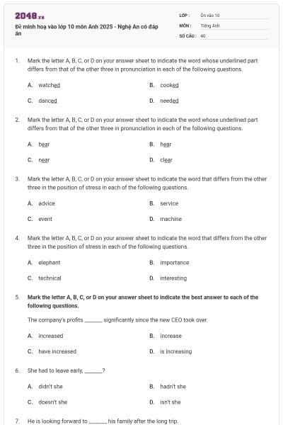 Đề minh hoạ vào lớp 10 môn Anh 2025 - Nghệ An có đáp án