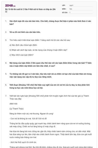 Bộ 10 đề thi cuối kì 2 Văn 9 Kết nối tri thức có đáp án (Đề 2)
