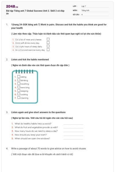 Bài tập Tiếng anh 7 Global Success Unit 2. Skill 2 có đáp án