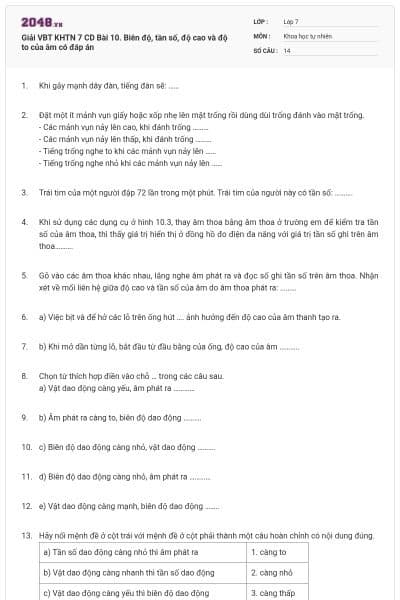 Giải VBT KHTN 7 CD Bài 10. Biên độ, tần số, độ cao và độ to của âm có đáp án