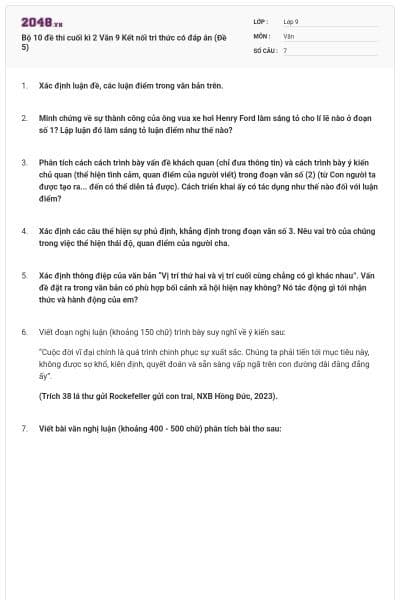 Bộ 10 đề thi cuối kì 2 Văn 9 Kết nối tri thức có đáp án (Đề 5)