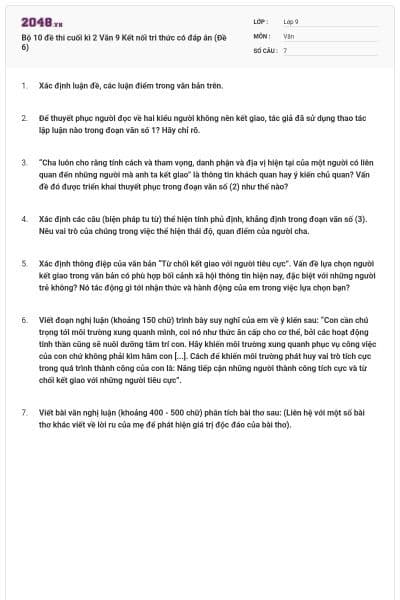 Bộ 10 đề thi cuối kì 2 Văn 9 Kết nối tri thức có đáp án (Đề 6)