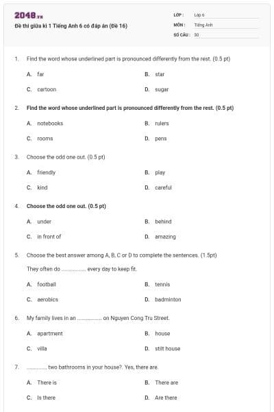 Đề thi giữa kì 1 Tiếng Anh 6 có đáp án (Đề 16)
