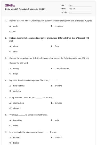 Đề thi giữa kì 1 Tiếng Anh 6 có đáp án (Đề 20)
