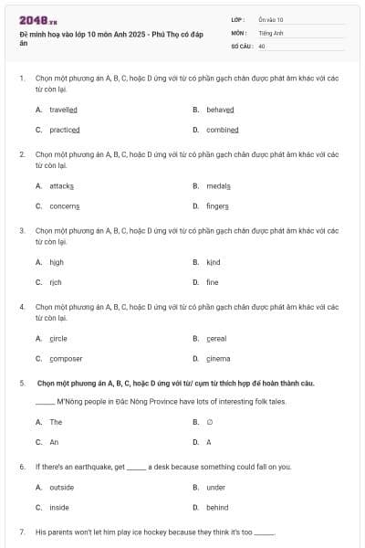 Đề minh hoạ vào lớp 10 môn Anh 2025 - Phú Thọ có đáp án