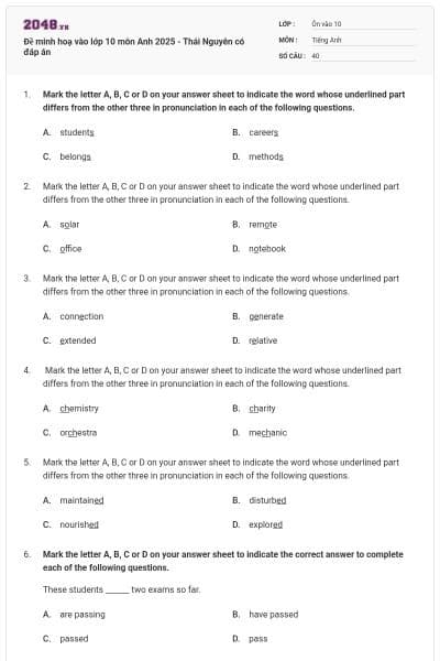 Đề minh hoạ vào lớp 10 môn Anh 2025 - Thái Nguyên có đáp án