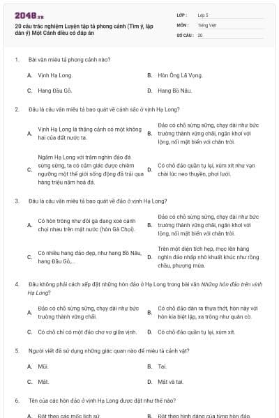 20 câu trắc nghiệm Luyện tập tả phong cảnh (Tìm ý, lập dàn ý) Một Cánh diều có đáp án