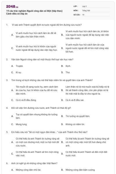 19 câu trắc nghiệm Người công dân số Một (tiếp theo) Cánh diều có đáp án