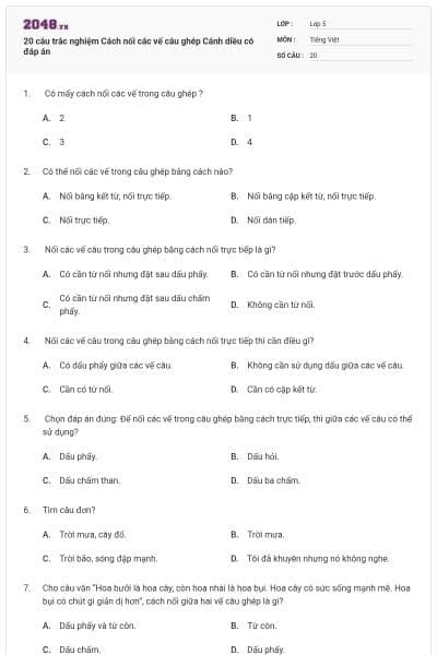 20 câu trắc nghiệm Cách nối các vế câu ghép Cánh diều có đáp án