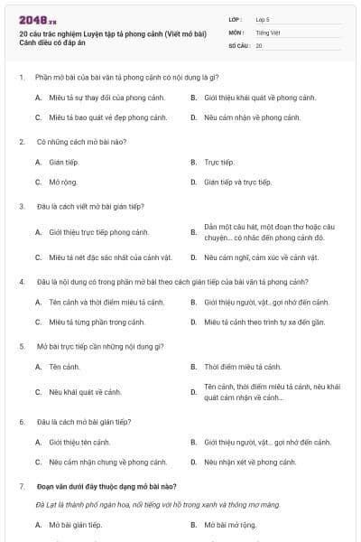 20 câu trắc nghiệm Luyện tập tả phong cảnh (Viết mở bài) Cánh diều có đáp án