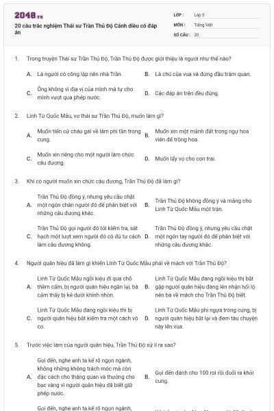 20 câu trắc nghiệm Thái sư Trần Thủ Độ Cánh diều có đáp án