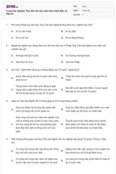 5 câu trắc nghiệm Trao đổi: Em đọc sách báo Cánh diều có đáp án