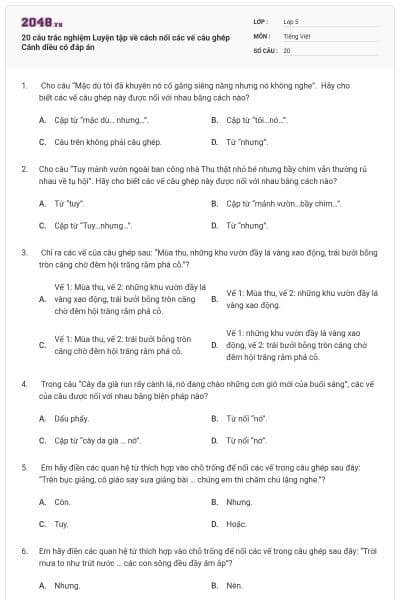 20 câu trắc nghiệm Luyện tập về cách nối các vế câu ghép Cánh diều có đáp án