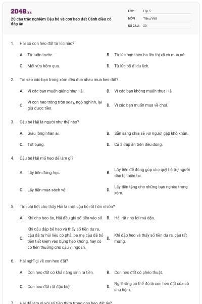 20 câu trắc nghiệm Cậu bé và con heo đất Cánh diều có đáp án