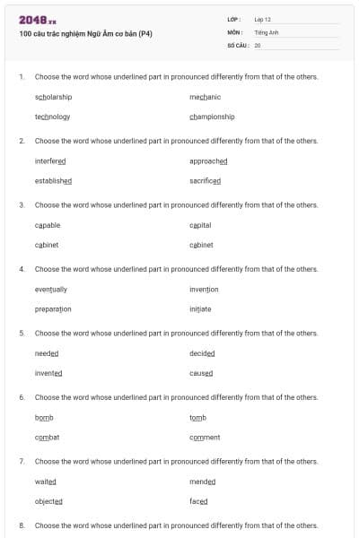100 câu trắc nghiệm Ngữ Âm cơ bản (P4)